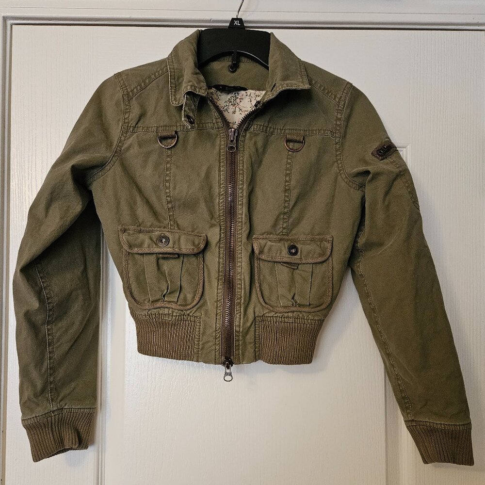 Authentic Guess Jeans Stretch Jacket Army Green with Floral Liner Girls Size S/P